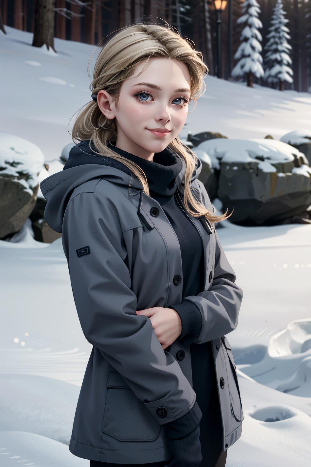 ((ultra detailed, masterpiece, absurdres)) <lora:DBHChloe:0.8>DBHChloe, 1girl, long hair, blonde hair, in a winter wonderland, cowboy shot, winter clothing, smile