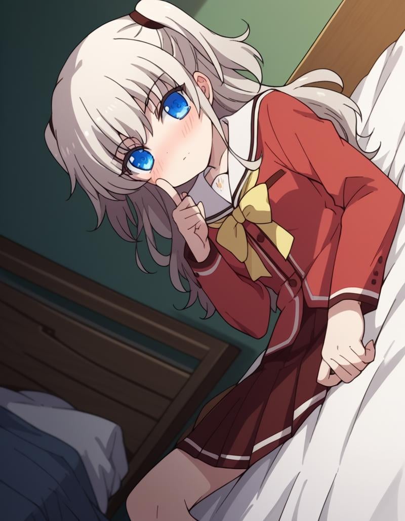 score_9, score_8_up, score_7_up, source_anime,naotomori, <lora:nao-tomori-s1-ponyxl-lora-nochekaiser:1>,nao tomori, long hair, blue eyes, two side up,school uniform, serafuku, long sleeves, red blazer, red skirt, pleated skirt, white sailor collar,indoors, bed, bed room, on side, blush, drunk,looking at viewer, cowboy shot, solo, dutch angle,