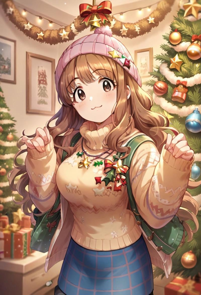 score_9, score_8_up, score_7_up, source_anime,moroboshi kirari, brown hair, brown eyes, long hair, 1girl, hat, solo, skirt, christmas tree, :3, beanie, sweater, turtleneck, christmas, jewelry, necklace