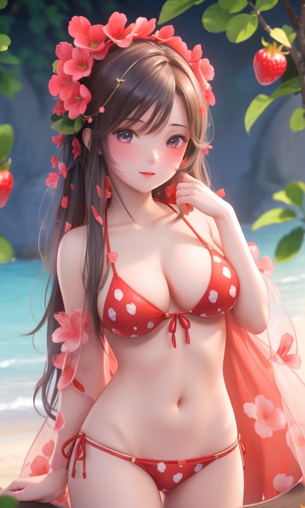 (,1girl, ,best quality, )<lora:DA_花灵V2-倩女幽魂:0.6>, ,masterpiece, fantasy, realistic,science fiction,mole, ultra realistic 8k cg, ,tamari \(flawless\), large breasts,    upper body, (),,strawberry blossoms,((bikini)),beach, waving,