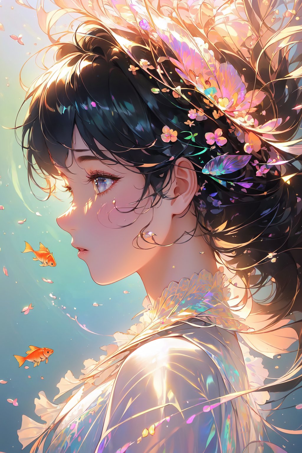 (((masterpiece))),((extremely detailed CG unity 8k wallpaper)),best quality,high resolution illustration,Amazing,highres,(best illumination, best shadow, an extremely delicate and beautiful),Colorful colors,mother of pearl iridescence,1girl,solo,fish,profile,black hair,goldfish,portrait,long hair,floating hair,eyelashes,from side,lips,<lora:digital_colorful-000013:0.7>,