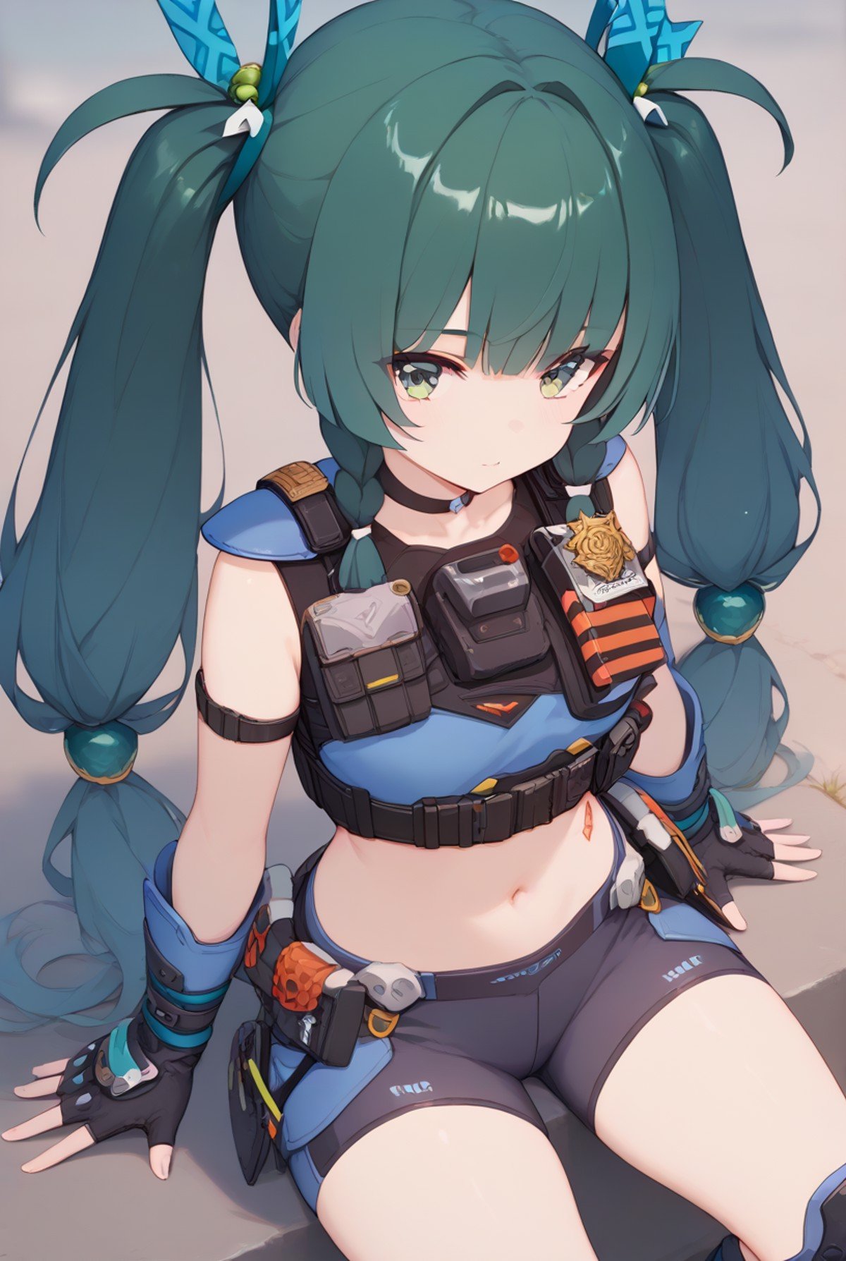 score_9,score_8_up,score_7_up,score_6_up,<lora:Zero_Qing yi_pony:1>,Zero_Qing yi,1girl,solo,navel,twintails,looking at viewer,fingerless gloves,long hair,bangs,green eyes,twin braids,green hair,side braided hair,intercom,blue police vest,black neck ring,epaulettes,police badge,textured shorts,blue long gloves,black hand guard,police belt,black arm ring,navel marker,blue knee pads,blue sneaker,green pattern hair accessories,thigh marking,chest walkie-talkie,robot girl,calf protector,bare shoulder,