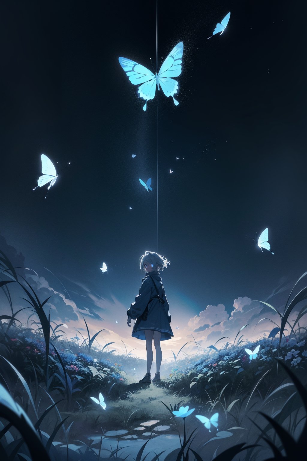 1girl, Ancient Ruins aesthetic, abstract art, (style of Yuko Shimizu:1.3), (dark theme:1.1), dark blue theme, blue butterflies, dark stars, 1girl, field of blue flowers