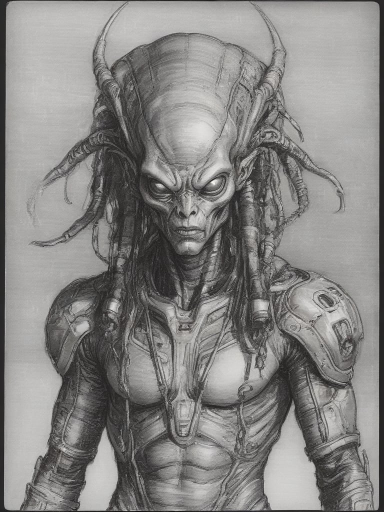 sketch, pencil art, a drawing of a alien with dreadlocks, <lora:pencil_art:0.7>