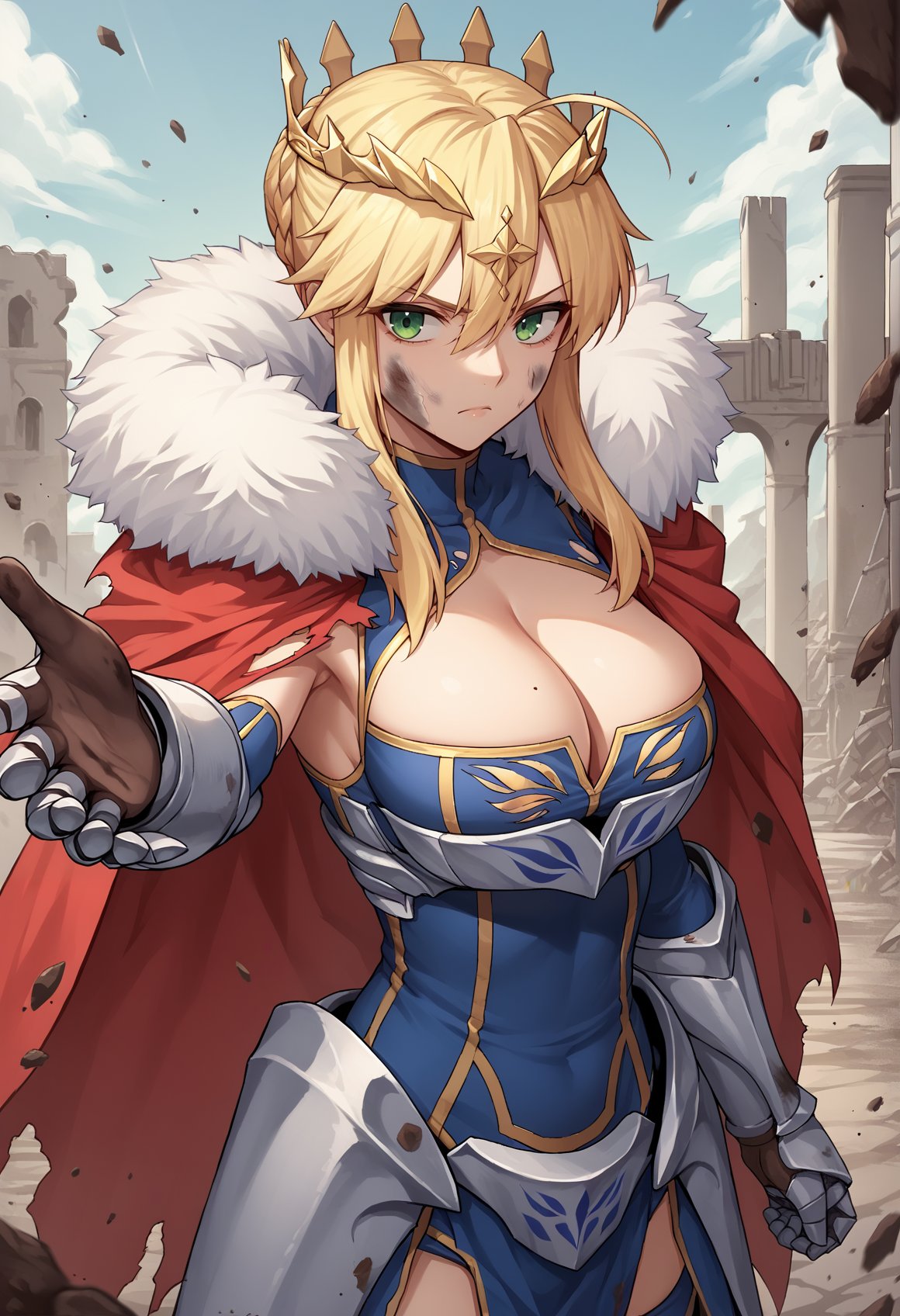 1girl, long hair, blonde hair, green eyes, sidelocks, single hair bun, french braid, crown, leotard, cleavage, thighhighs, elbow gloves, gauntlets, greaves, red cape, fur-trimmed cape, serious, reaching towards viewer, cowboy shot, ruins, dirty, mud, battle damage, torn clothes <lora:titoria:0.8>, score_9, score_8_up, score_7_up, score_6_up, score_5_up, score_4_up, BREAK source_anime, masterpiece