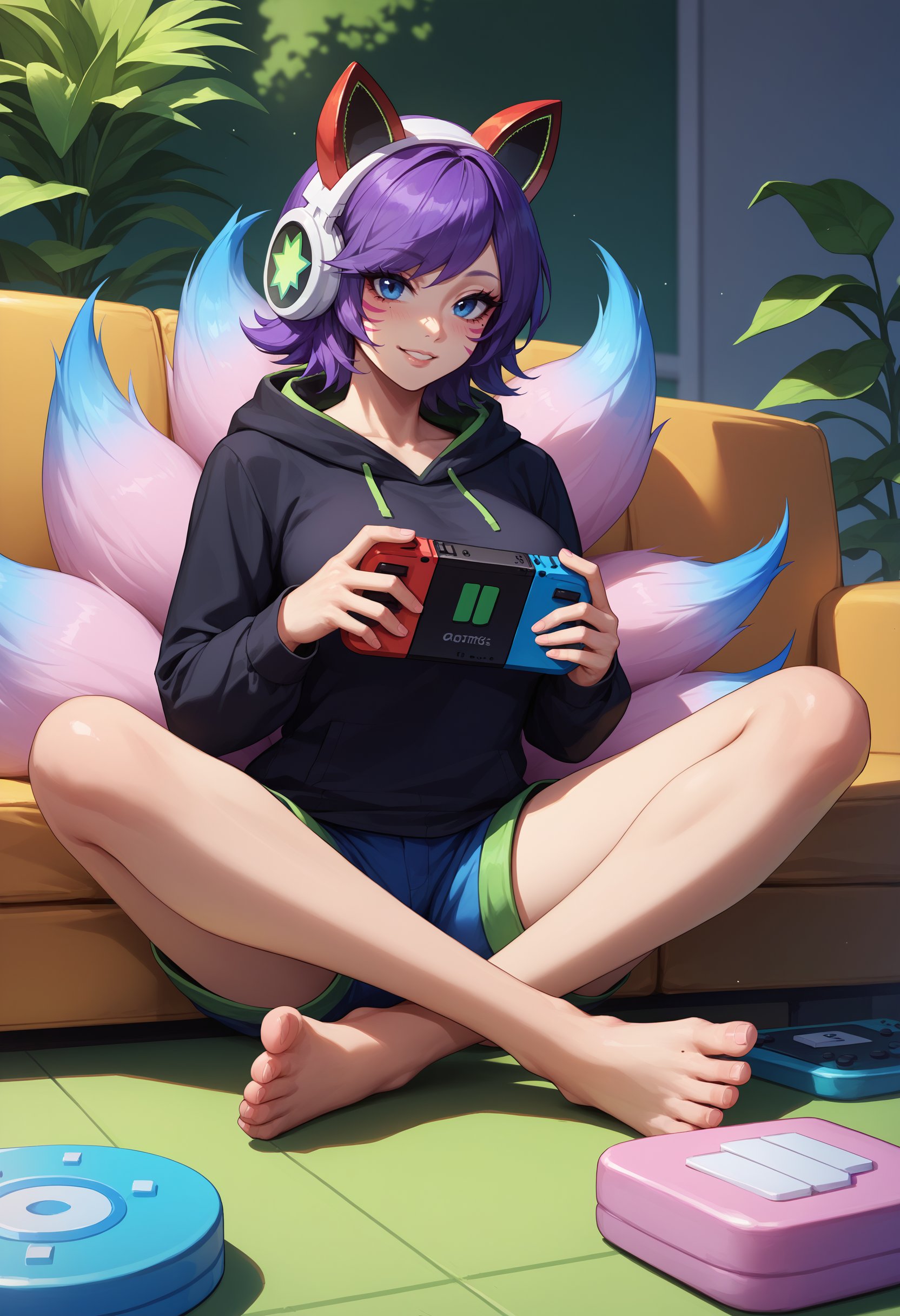 score_9, score_8_up, score_7_up, 1girl, solo, full body, standing, seductive smile, outdoors, Ahriarcade, animal ear headphones, fox tail, multiple tails, facial mark, mole under eye, short hair, purple hair, blue eyes, blue hand, large breasts, <lora:Ahri_Arcade_pdxl_Incrs_v1:0.9>, indoors, sitting, seat, handheld game console, holding handheld game console, game console, fun, :d, black hoodie, shorts, lotus position, couch, 