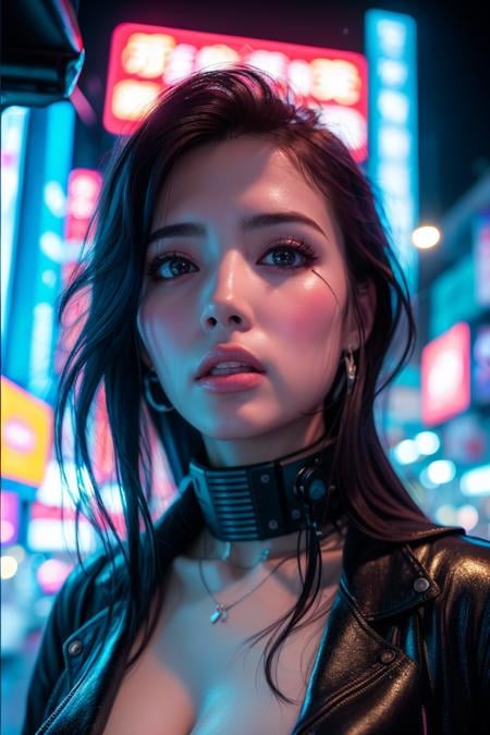 Cyberpunk,1girl,long hair,blurry,neon lights,looking at viewer,(cyberpunk:1.4),black hair,blurry background,depth of field,science fiction,jacket,outdoors,black eyes,best quality,masterpiece,illustration,an extremely delicate and beautiful,CG,unity,8k wallpaper,(((realistic))),Amazing,finely detail,masterpiece,official art,extremely detailed CG unity 8k wallpaper,incredibly absurdres,huge filesize,ultra-detailed,highres,extremely detailed,beautiful detailed girl,<lora:Cyberpunk_20240131072835:0.8>,