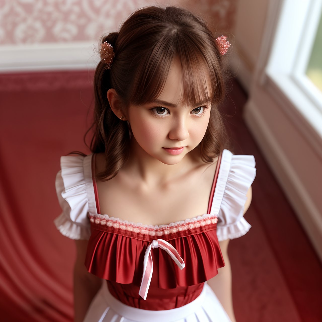 SFW, best quality, extra resolution, wallpaper, view from above of calm (AIDA_LoRA_BelK:1.09) <lora:AIDA_LoRA_BelK:0.86> standing next to the red drape, aborable girl, pretty face, maid uniform, naughty, funny, happy, playful, intimate, cinematic, studio photo, kkw-ph1, hdr, f1.7, getty images