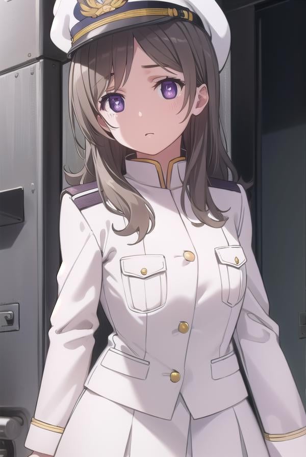 chinamoeka, <lora:china moeka s1-lora-nochekaiser:1>,china moeka, long hair, brown hair, (purple eyes:1.1),BREAK hair ornament, hat, hairclip, uniform, military, military uniform, peaked cap, naval uniform, (white uniform:1.5),BREAK outdoors, ship, navy,BREAK looking at viewer, (cowboy shot:1.5),BREAK <lyco:GoodHands-beta2:1>, (masterpiece:1.2), best quality, high resolution, unity 8k wallpaper, (illustration:0.8), (beautiful detailed eyes:1.6), extremely detailed face, perfect lighting, extremely detailed CG, (perfect hands, perfect anatomy),