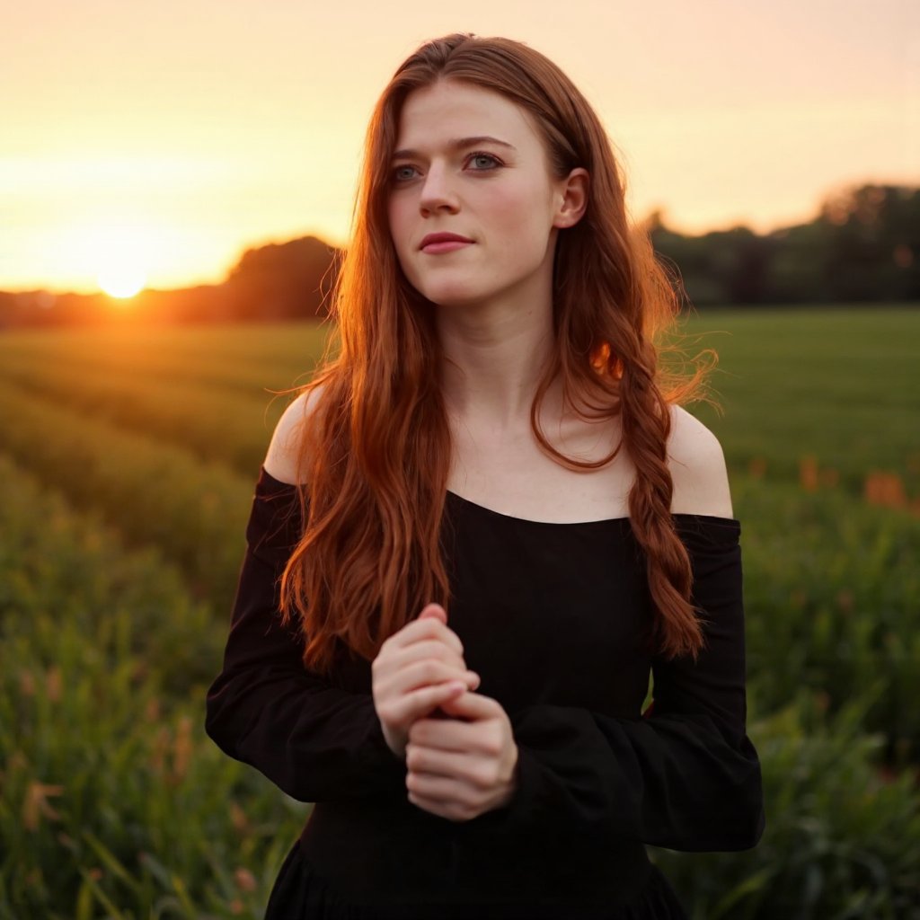 A portrait of rose_leslie standing in a field during sunset. The setting sun casts a warm, golden hue over the scene. Her long, wavy brown hair is styled in a braid, and she wears a black, off-the-shoulder dress. Her hands are clasped together in front of her face, and her gaze is directed slightly to the side. The background is a field of tall, green grasses, and the horizon is visible in the distance. The image conveys a serene and contemplative mood.