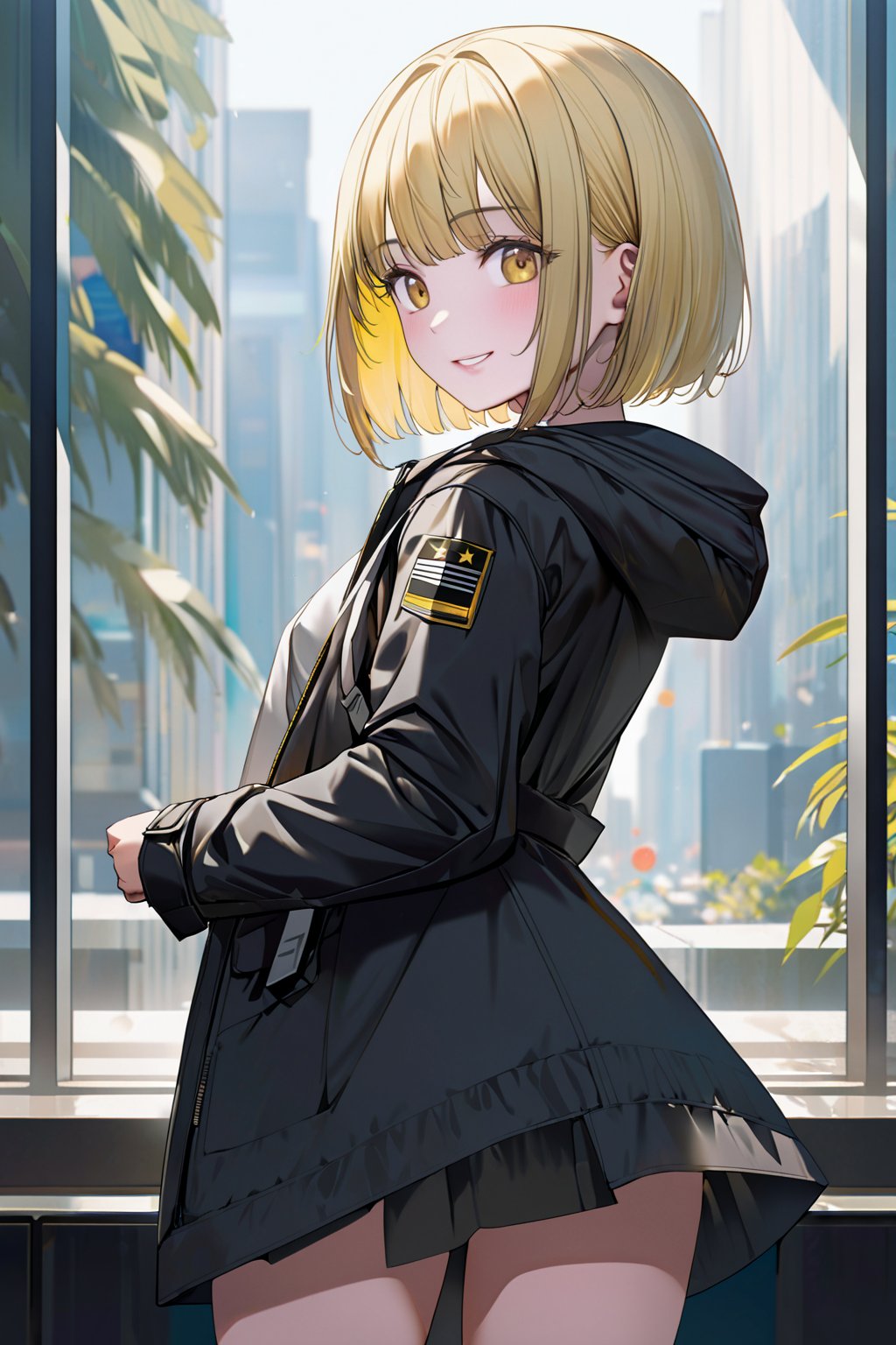 1girl, yellow hair, short hair, bob cut, black Parka, Skirt, cowboy shot, looking back, smile,best quality, newest, absurdres