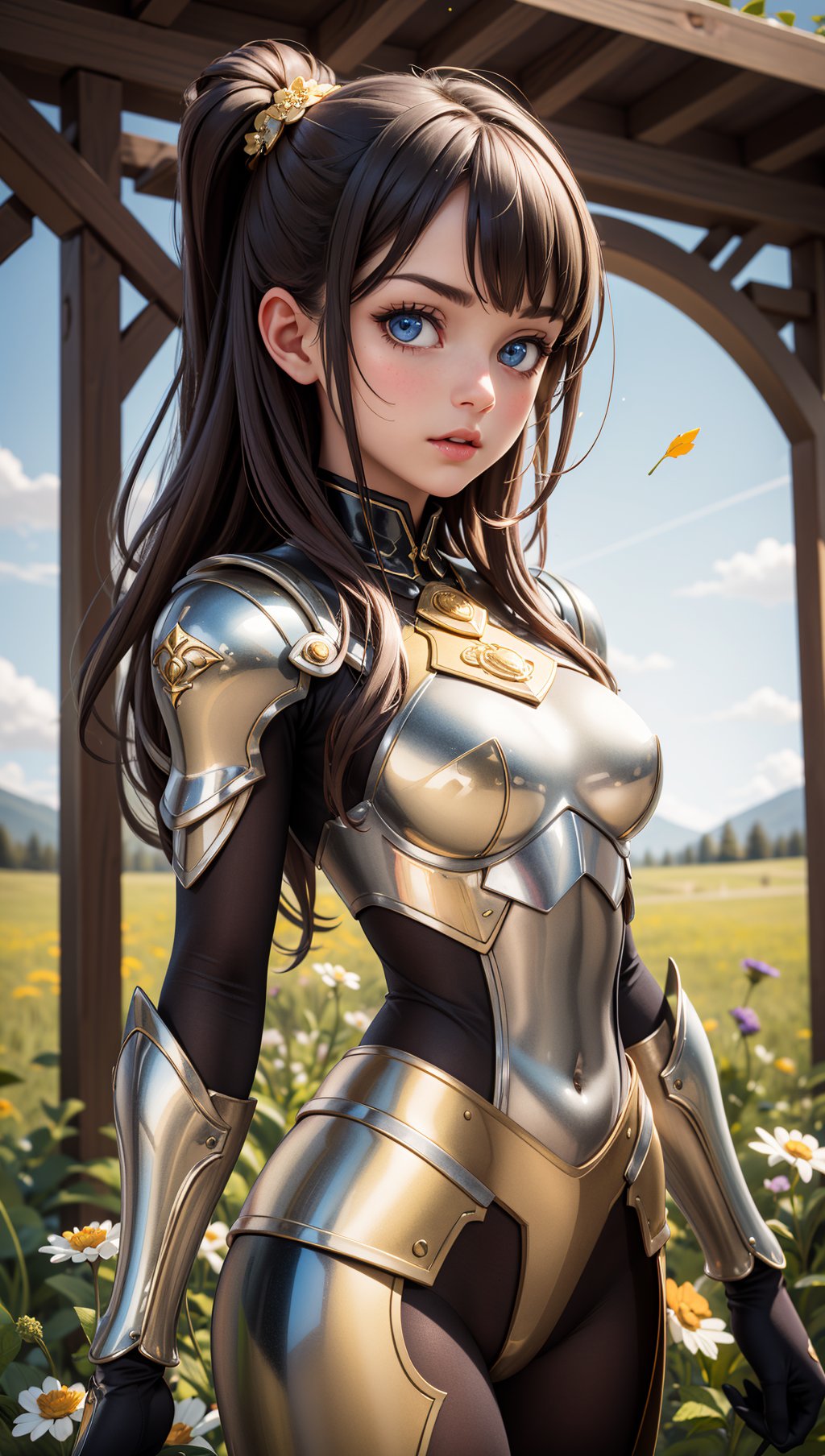 (masterpiece),(best quality),(extremely intricate),(sharp focus),(cinematic lighting),(extremely detailed),A young girl in armor,standing in a meadow of wildflowers. She has long brown hair adorned with wildflowers. Her expression is determined,and her eyes are shining with courage. The sun is shining brightly behind her,casting a golden glow over the scene.,flower4rmor,flower bodysuit,Flower,