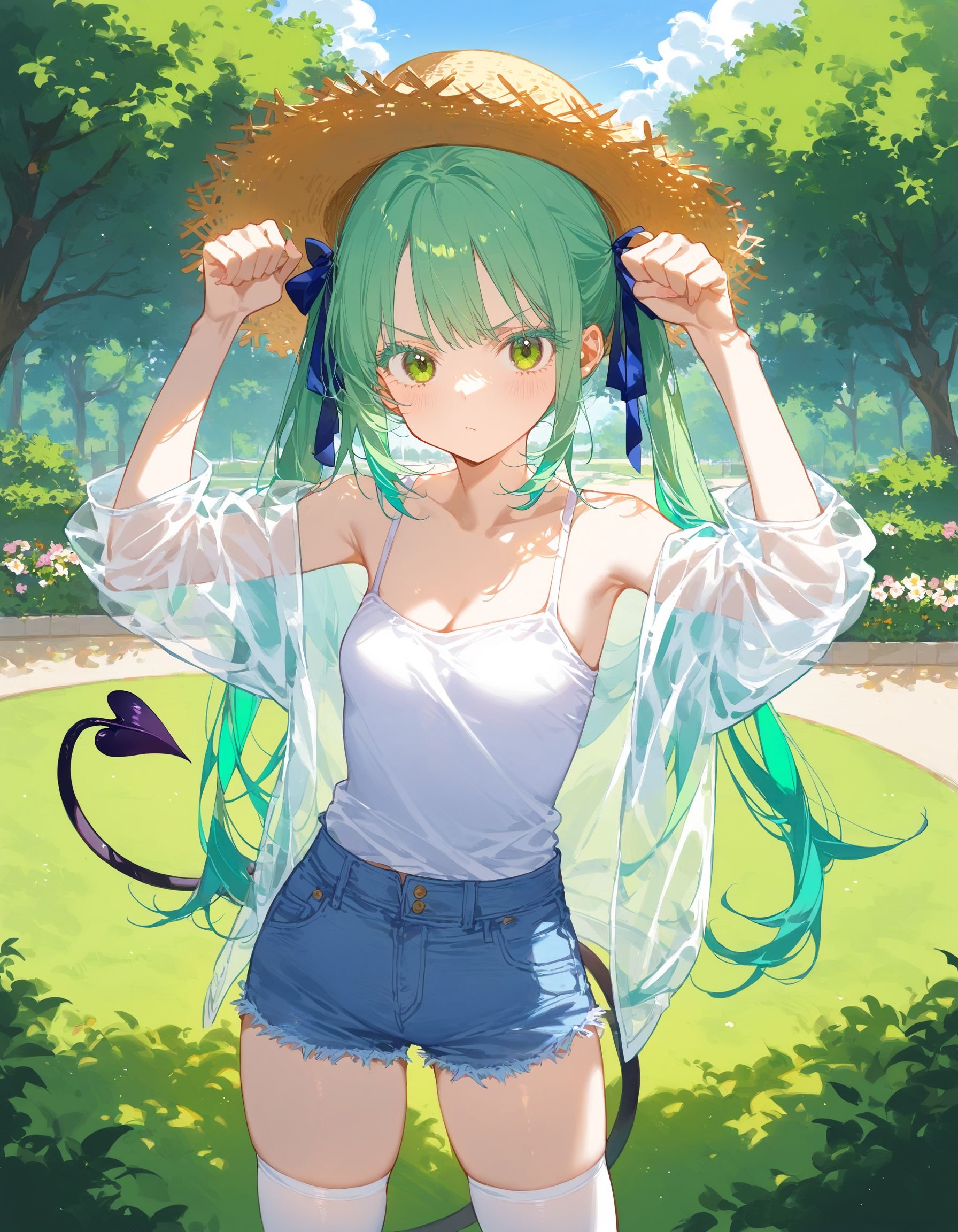 1girl, twin tail, light-green hair, green colored inner hair, colored eyelashes, straw hat, cat pose, white camisole, see-through jacket, light-blue denim shorts, white thighhighs, serious expression, demon tail, park, blue hair ribbon,