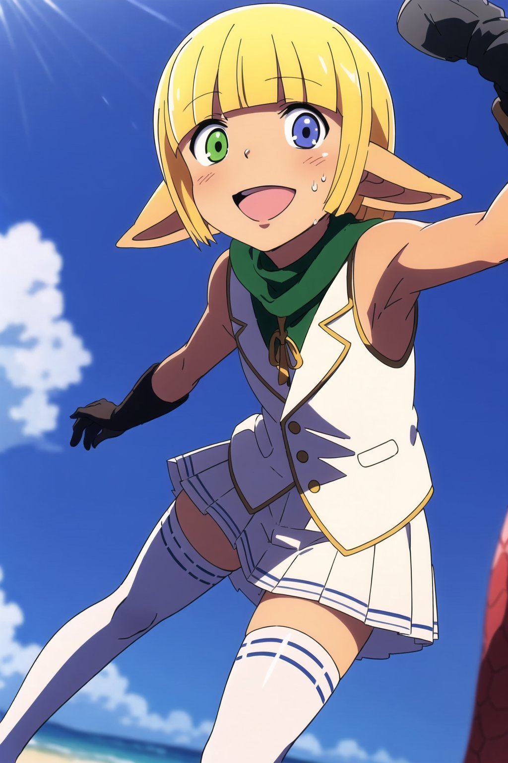 masterpiece, best quality, nudity 1boy, (mare bella fiora), perfect anatomy, flat chest, happy smile, heterochromia, blue and green eyes, blush, dark skin, white vest, white skirt, white thigh highs, ((bare arms)), leg focus, looking at viewer, standing, leaning forward, ((arm behind back)), solo, sweat, realistic, perfect lighting, ((looking up at viewer)), dynamic pose, dynamic angle, beach, sunny,  <lora:auraAndMareBellaFiora_v10:0.8>