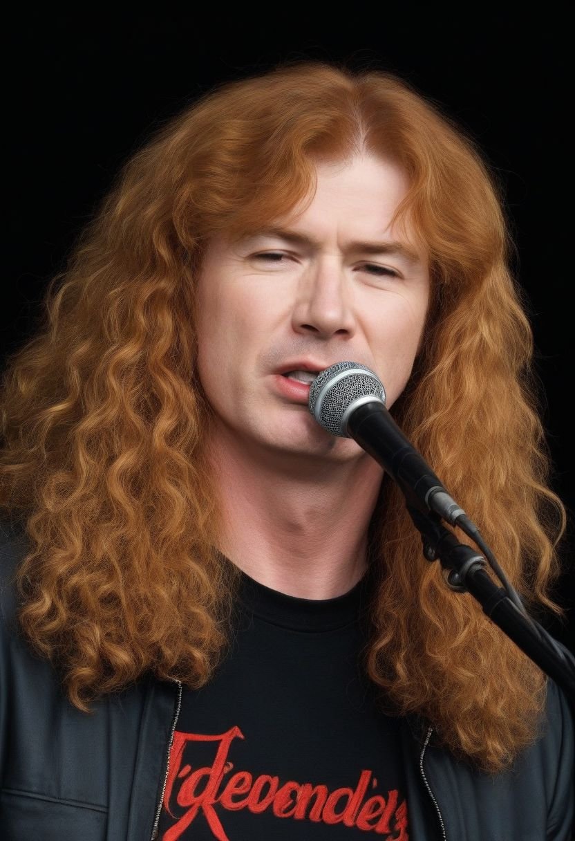 dave_mustaine, red hair, curly hair, solo male, young man, microphone, singing, portrait, rock