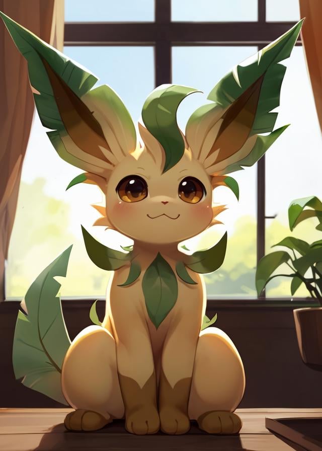 (by Youjomodoki, by Kiyosan, by Victo Ngai), feral chibi (toony, leafeon, \:\3:1.25), black dot eyes, sitting, full-length portrait, front view, close-up, BREAK, room, window, plant, table, blue sky, inside, ambient silhouette, backlighting, detailed background, depth of field, masterpiece, best quality, light, 4k, 2k, (high detail:1.25), shaded, photography