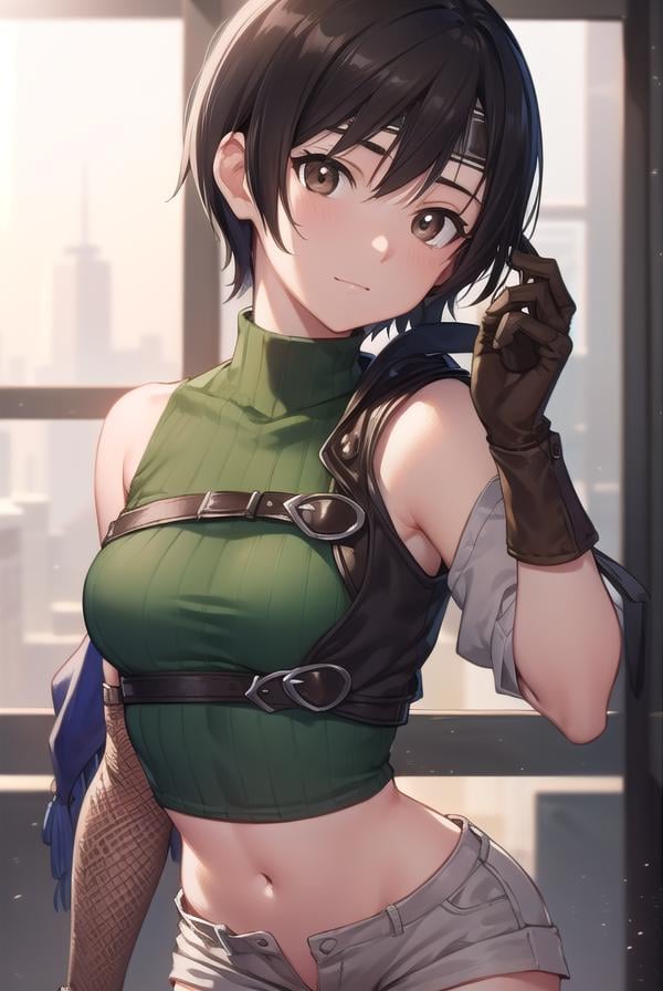 yuffiekisaragi, <lora:yuffie kisaragi v2-lora-nochekaiser:1>, yuffie kisaragi, (black hair:1.5), (brown eyes:1.7), short hair, pixie cut,BREAK crop top, fingerless gloves, fishnet thighhighs, fishnets, forehead protector, gloves, headband, navel, short shorts, shorts, single sleeve, single thighhigh, sleeveless, sleeveless turtleneck, thighhighs, turtleneck,BREAK cowboy shot, looking at viewer, BREAK indoors,BREAK <lyco:GoodHands-beta2:1>, (masterpiece:1.2), best quality, high resolution, unity 8k wallpaper, (illustration:0.8), (beautiful detailed eyes:1.6), extremely detailed face, perfect lighting, extremely detailed CG, (perfect hands, perfect anatomy),