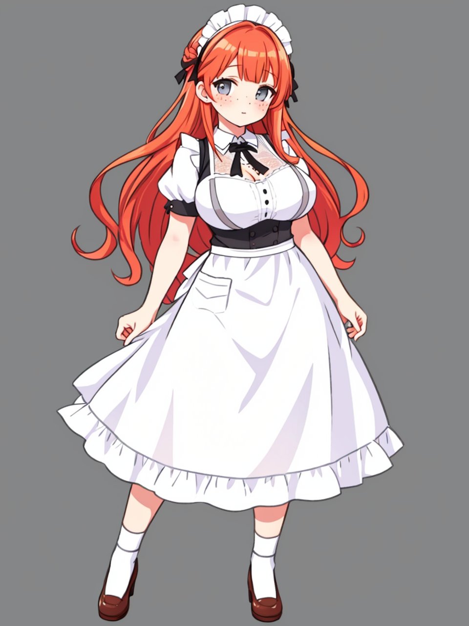 skirt, large breasts, white background, apron, maid, see-through white lace top, full body,(ginger hair, long hair:1.2), grey eyes, freckles, 1girl, simple background,