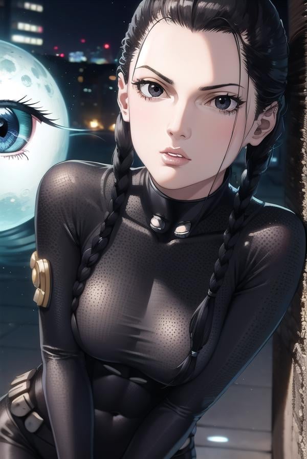 seisakuraoka, <lora:sei sakuraoka manga-lora-nochekaiser:1>,sei sakuraoka, braid, black hair, (black eyes:1.5), single braid,BREAK bodysuit, black bodysuitBREAK outdoors, city, night, sky, starry sky, moon,BREAK looking at viewer, (cowboy shot:1.5),BREAK <lyco:GoodHands-beta2:1>, (masterpiece:1.2), best quality, high resolution, unity 8k wallpaper, (illustration:0.8), (beautiful detailed eyes:1.6), extremely detailed face, perfect lighting, extremely detailed CG, (perfect hands, perfect anatomy),