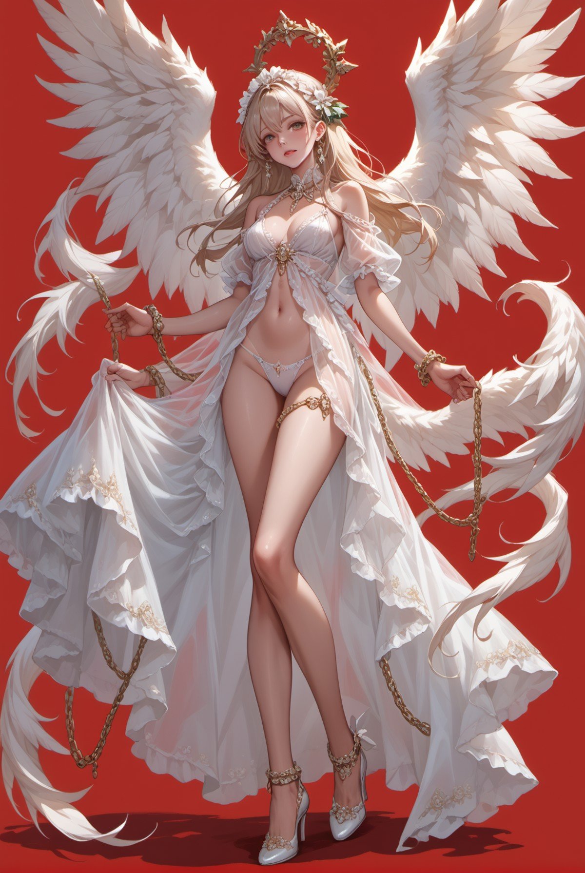 score_9,score_8_up,score_7_up,solo,Angel wings,Ventral chain,dress,high heels,navel,White panties,hair ornament,see-through,red background,<lora:future-0624-angel:0.9>,