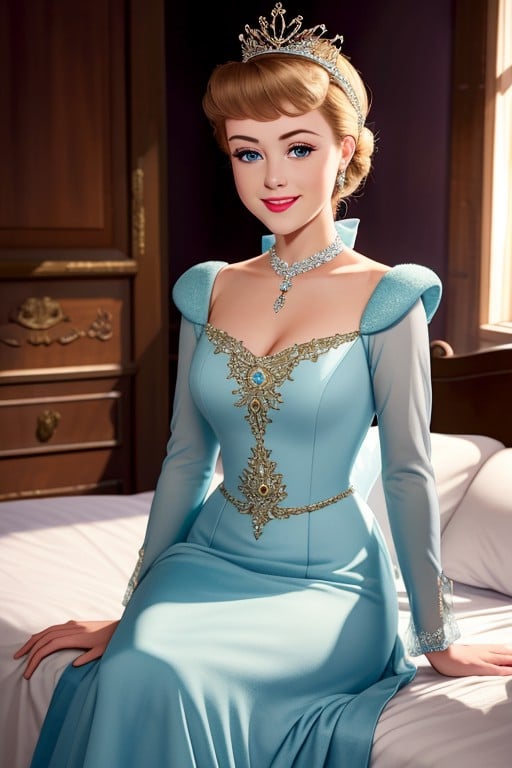 (masterpiece, best quality, high resolution:1.4), portrait,cinderella, princess dress,1girl, woman, smile, looking at viewer,sitting on bed,indoors, <lora:Cinderella_v1:1>