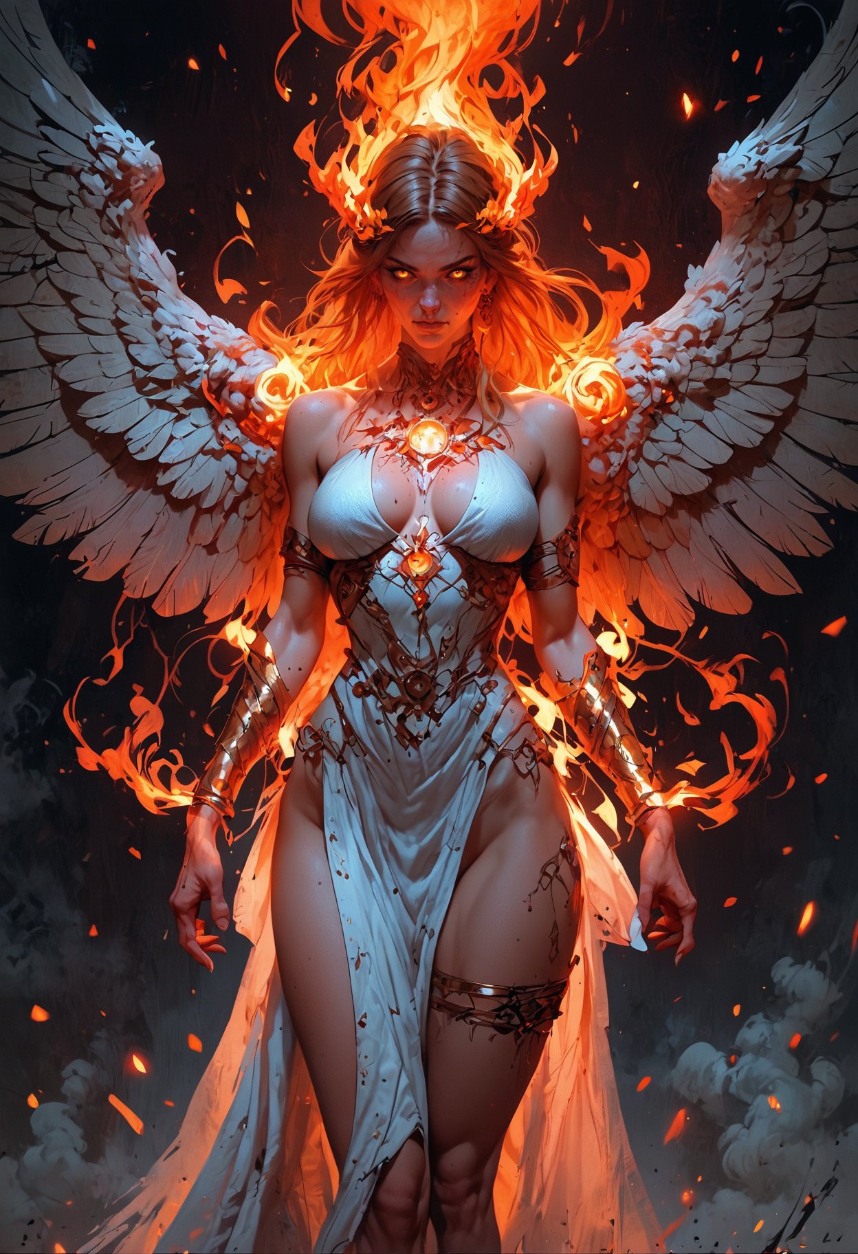 score_9, score_8_up, score_7_up, score_6_up, score_5_up, score_4_up,<lora:EpicF1reP0ny:0.8>, angelic woman, sexy angel woman, fire aura, fire magic, wings, feathered wings, large teardrop breasts, glowing eyes, thigh strap, curvy, perfect anatomy, approaching perfection, dynamic, highly detailed, smooth, sharp focus, art by Carne Griffiths and Wadim Kashin, trending on artstation, sharp focus, intricate details, highly detailed, by greg rutkowski, mysterious, epic, cinematic, digital art, 4k,