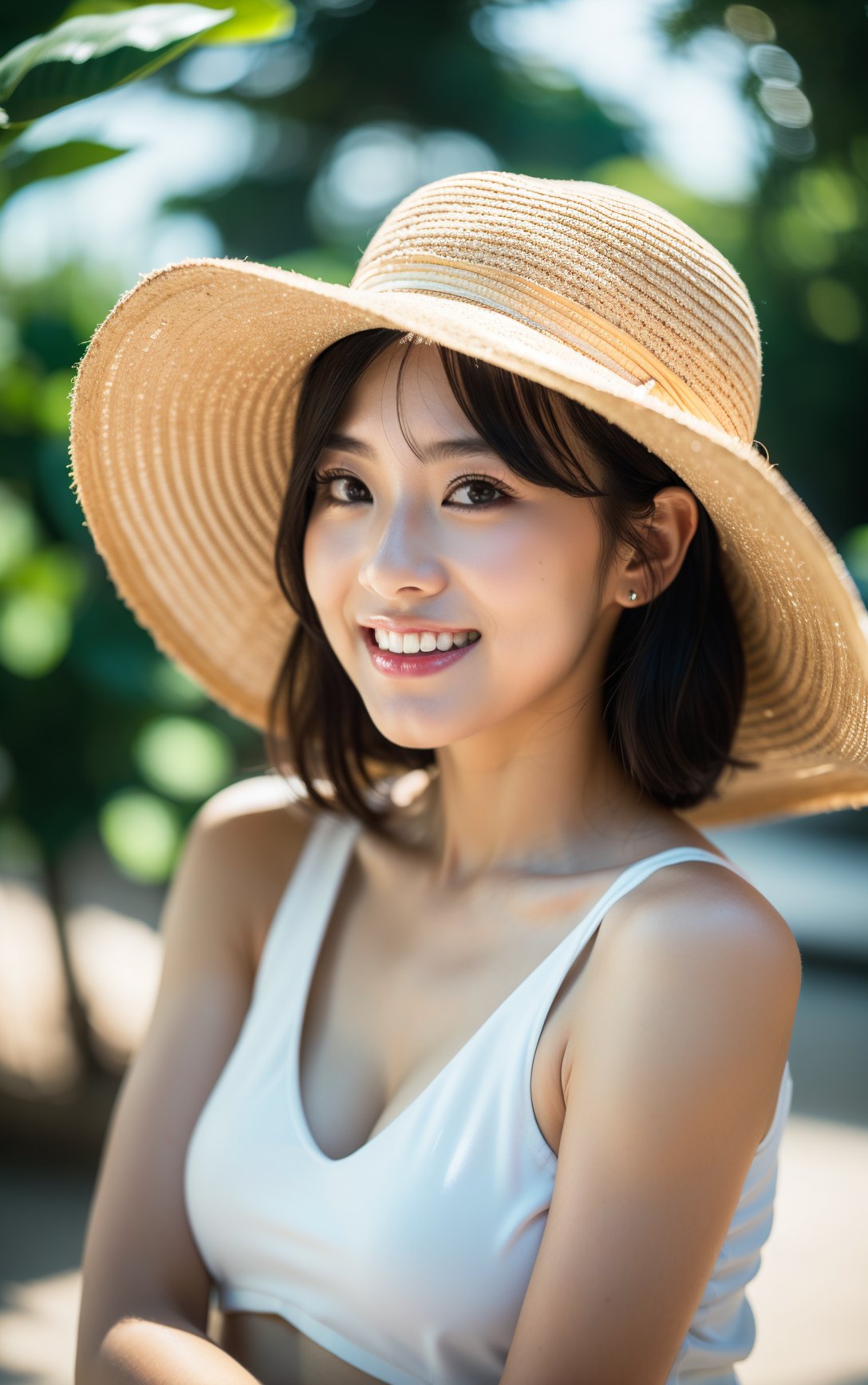 Ultra-realistic 8k CG, masterpiece, best quality, (photorealistic:1.4), HDR, absurdres, Professional, RAW photo, lens flare, (film grain:1.1), Bokeh, ((Depth of field)), studio light, a woman wearing a straw hat , a piece of watermelon and smiling at the camera, 1girl, hat, lips, looking_at_viewer, polka_dot, short_hair, solo, straw_hat, sun_hat. Highly detailed,Professional,extreme detail description;,