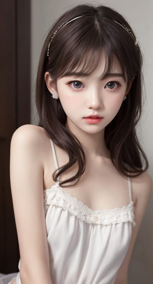 {Realistic}，loli，petite, 1girl, solo,baby face，Lovely face，Delicate eyes，Delicate nose，Delicate mouth，Hair accessories，Very long hair，gradient colour