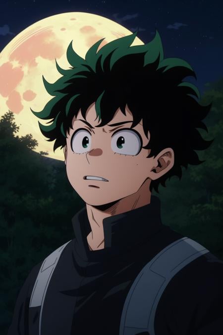 midoriya izuku, outdoors, SFW, portrait, night, professional lighting, moon, perfect composition<lora:MHA_girlPack4:0.7>, 8k, masterpiece, absurdres, anime,