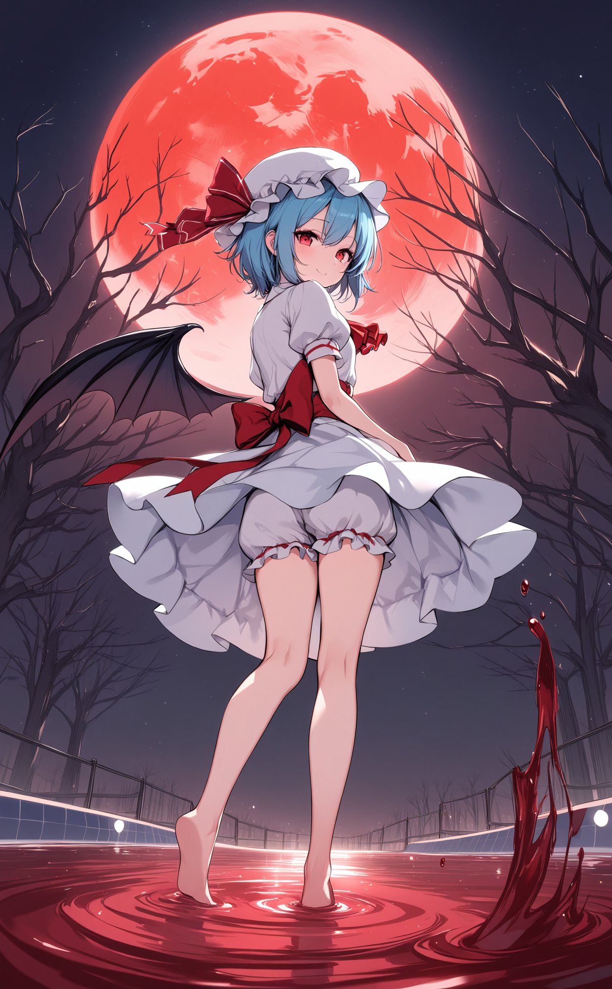 (masterpiece),(best quality),illustration,ultra detailed,hdr,Depth of field,(colorful),1girl,Artist ke-ta,ascot,bare tree,barefoot,bat wings,best quality,blood,blood on hands,bloomers,blue hair,frills,from behind,full body,full moon,hat,hat ribbon,looking at viewer,looking back,mob cap,moon,night,night sky,outdoors,pool of blood,puffy short sleeves,puffy sleeves,red eyes,red moon,red ribbon,remilia scarlet,ribbon,sash,shirt,short hair,short sleeves,skirt,skirt set,sky,smile,solo,standing,standing on liquid,star (sky),starry sky,tree,underwear,water,white bloomers,white skirt,wings,