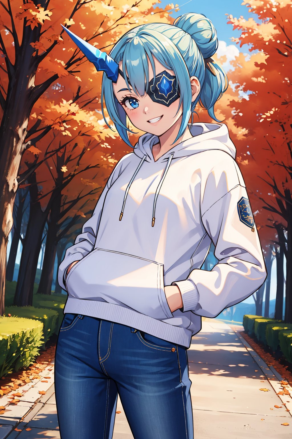 masterpiece, best quality, 1girl,  <lora:xctheory-nvwls-v1-000009:0.9> xcTheory, single hair bun, horns, hair ornament, eyepatch, white hoodie, jeans, hands in pockets, grin, looking at viewer, autumn