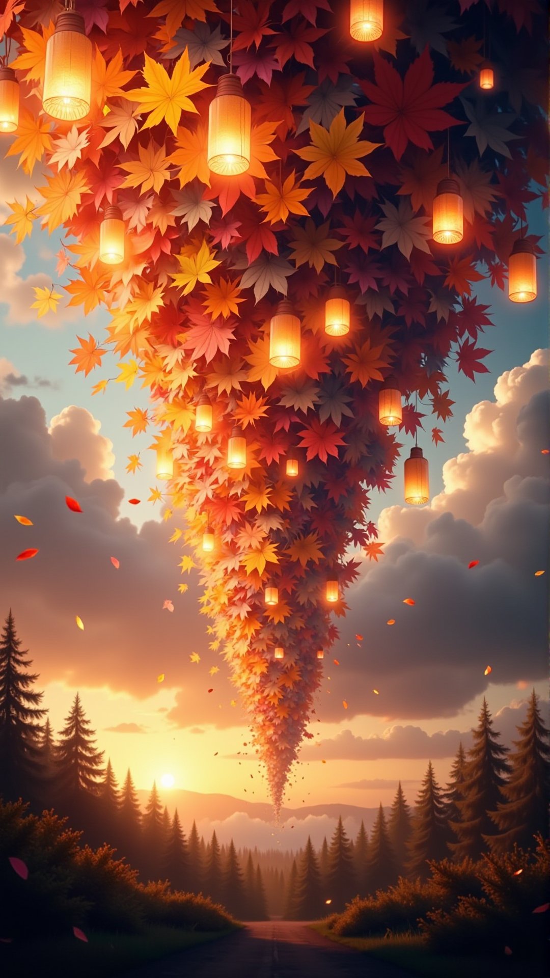 A professional photo of Digital painting of a tornado made of autumn leaves, colorful lanterns floating in the wind, vibrant oranges, yellows, and reds, warm atmosphere, twilight, evening, softly lit, dramatic clouds, mist, forest in the background, artstation, concept art, illustration, wide angle, artbook, wallpaper, splash art, promo art, romantic, whimsical, enchanting, magical, peaceful, serene, calming, detailed, sharp focus, highly detailed, rendered in unreal engine 5, smooth