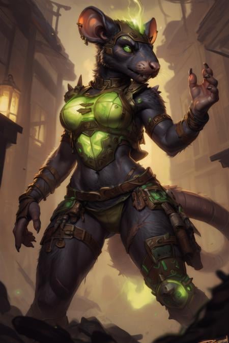 by personalami, by zephyxus, by darkgem, by null-ghost, female, solo, anthro, rat, rodent, skaven, facial scar, fluffy, safe, clothed, fully clothed, rat tail, hairy, glowing, radioactive, (green glow, armor), spikes, machine, warhammer fantasy, vermintide, front view, black body:1.3,