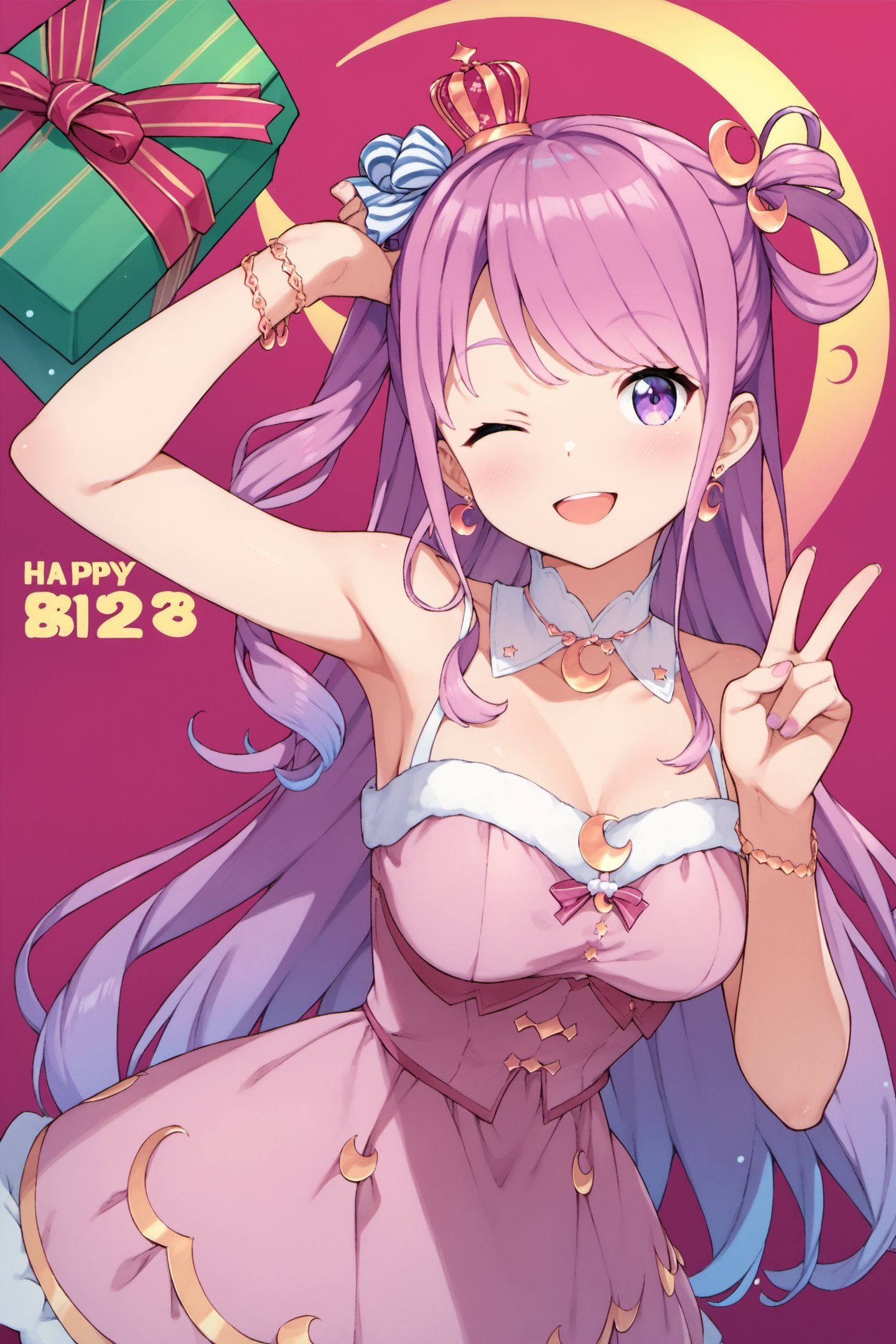 1girl,virtual youtuber,solo,one eye closed,himemori luna,crown,long hair,gift,box,jewelry,smile,dress,pink hair,purple eyes,candy hair ornament,hair ornament,food-themed hair ornament,gift box,single hair ring,earrings,looking at viewer,gradient hair,happy birthday,bracelet,pink dress,crescent earrings,hair rings,multicolored hair,crescent,mini crown,;),purple hair,bare shoulders,princess,one side up,v,blush,breasts,happy birthday,score_9,score_8_up,<lora:Kanzaki Hiro_XL_PONY:0.9>,