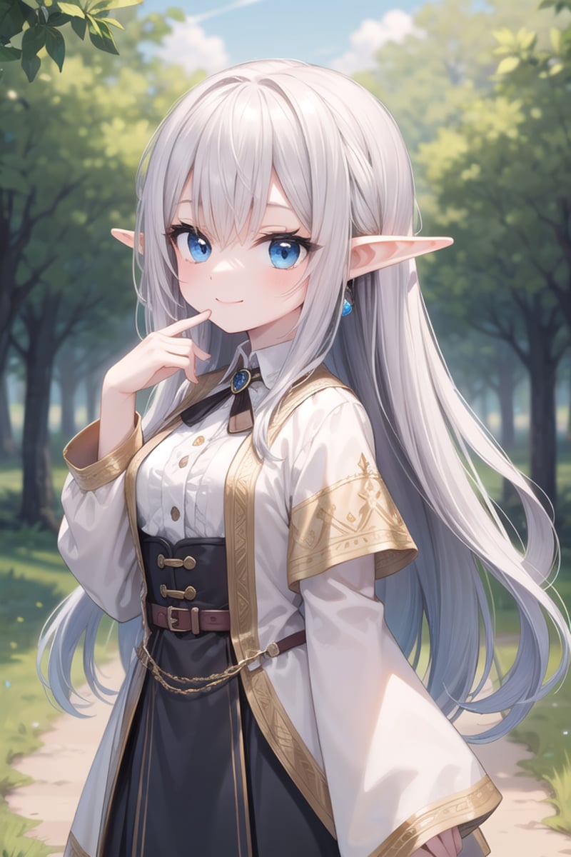 insanely detailed, absurdres, ultra-highres, ultra-detailed, best quality,1girl, solo, nice hands, perfect handsBREAKelf girl, (wearing sorcerer outfit:1.2), (nsfw:-1.5), (navel:-1)BREAKhappy smile, laugh, closed mouthBREAKfrom below,standing, cowboy shot, looking at viewerBREAKslender, kawaii, perfect symmetrical face, ultra cute girl, ultra cute face, ultra detailed eyes, ultra detailed hair, ultra cute, ultra beautifulBREAKfantasy world, in forest, river, depth of field, ultra detailed backgroundBREAKmedium breasts,BREAKsilver hair, long hair, elf ear, blue eyes