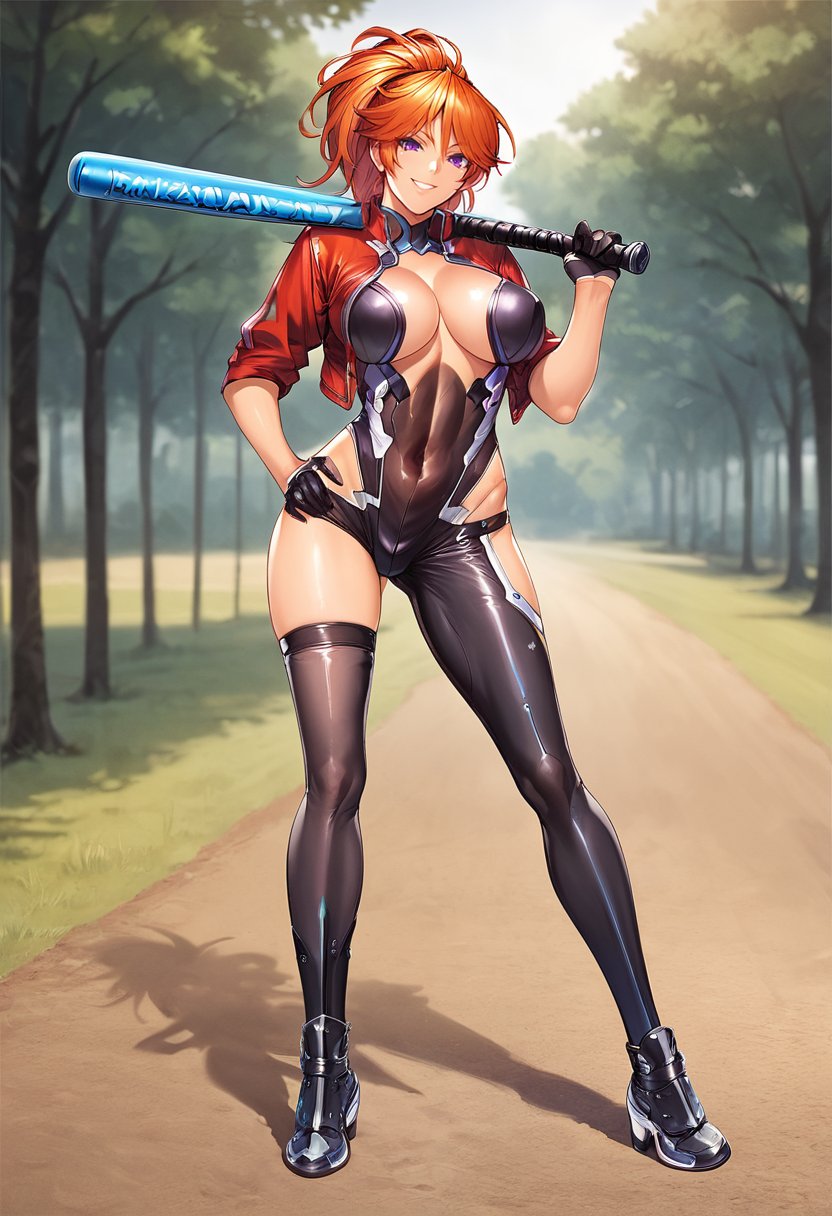 score_9, score_8_up, score_7_up,source_anime,anime coloring,perfect anatomy,cinematic_shadow,BREAK <lora:kamimura:1>kamimura,1girl, baseball bat, solo, breasts, gloves, large breasts, full body, transparent background, jacket, orange hair, thighhighs, high heels, cropped jacket, looking at viewer, ponytail, purple eyes, holding, boots,holding baseball bat, leotard, black gloves, smile, covered navel, half gloves,outdoors, 