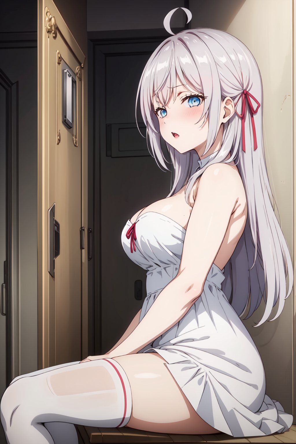 AlisaMikhailovna, 4k, absurd, high resolution, very high resolution, high definition, masterpiece, 1girl, solo, long hair, looking at viewer, blush, open mouth, blue eyes, large breasts, thighhighs, dress, ribbon, cleavage, bare shoulders, sitting, hair ribbon, ahoge, grey hair, parted lips, indoors, white dress, from side, white thighhighs, red ribbon, bare arms, strapless, short dress, strapless dress, locker<lora:EMS-418017-EMS:0.800000>