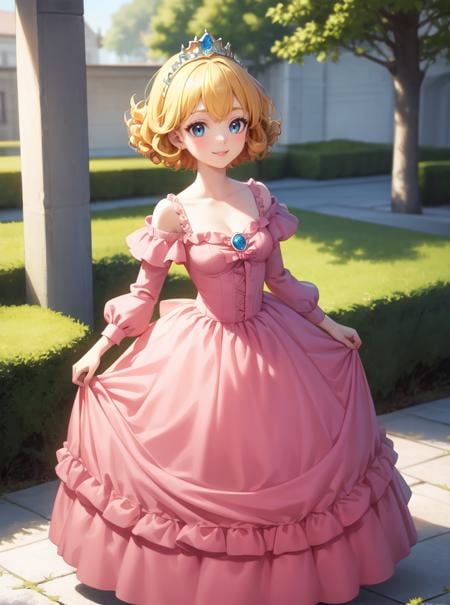 8k, masterpiece, highly detailed, high quality,1girl wearing a pink (princess dress), <lora:princess_dress-SD-2.0:1>off shoulder,brooch, tiara,cowboy shot, smile, blonde hair, curly hair, blue eyes, curtsey, bowing, dress hold, cute, full body