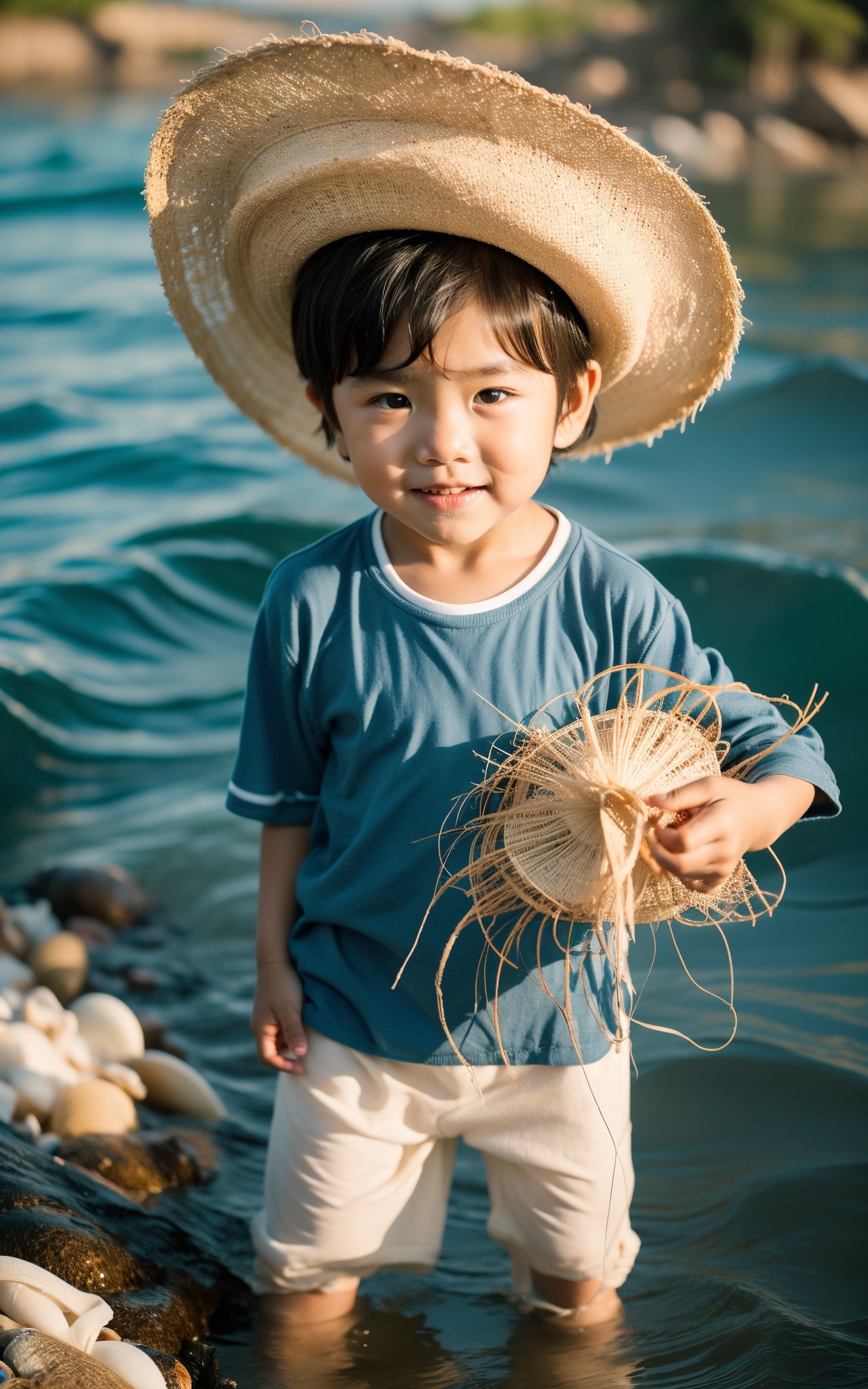 A little boy,with tousled hair and a wide-brimmed straw hat,scampers along the pristine shoreline. His eyes sparkle with delight as he stoops to collect the sea's treasures — a myriad of shells in shapes and colors,each one a unique token from the depths of the ocean,