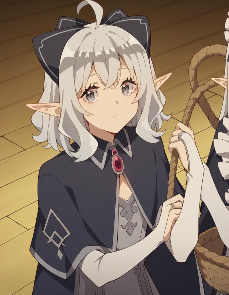 score_9, score_8_up, score_7_up, source_anime, <lora:farming-isekai-flora-s1-ponyxl-lora-nochekaiser:1>, flora, long hair, bangs, ahoge, bow, hair bow, grey hair, pointy ears, medium hair, grey eyes, black bow, elf,, jewelry, capelet, brooch, bridal gauntlets,, farmers market, fresh produce, local vendors, baskets, sunny day, community, , looking at viewer, arm straight out to the side, solo,, cowboy shot, dutch angle