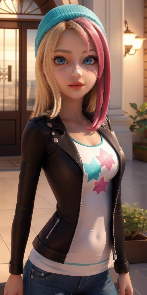 Hyperrealistic, photorealistic, super detailed, black unbuttoned jacket, white T-shirt, bright yellow jeans, vivid shade of azure eyes, shoulder length sandy blonde hair that has significantly shorter bangs with the ends reaching her shoulders, (hot pink dyed strands on the left side), light freckles, coral lips, body like in real life, large pores, peach skin tone, slender, beautiful arms, very little very flat breasts, unreal engine, octane render, droped shadow, bokeh, cinematic lighting, <lora:add_detail:0.5>, <lora:Volumetric_lighting:0.6>, Zoe Lee, , <lora:9c5d584a-ab50-49af-9d50-d339318f14f4:0.7>