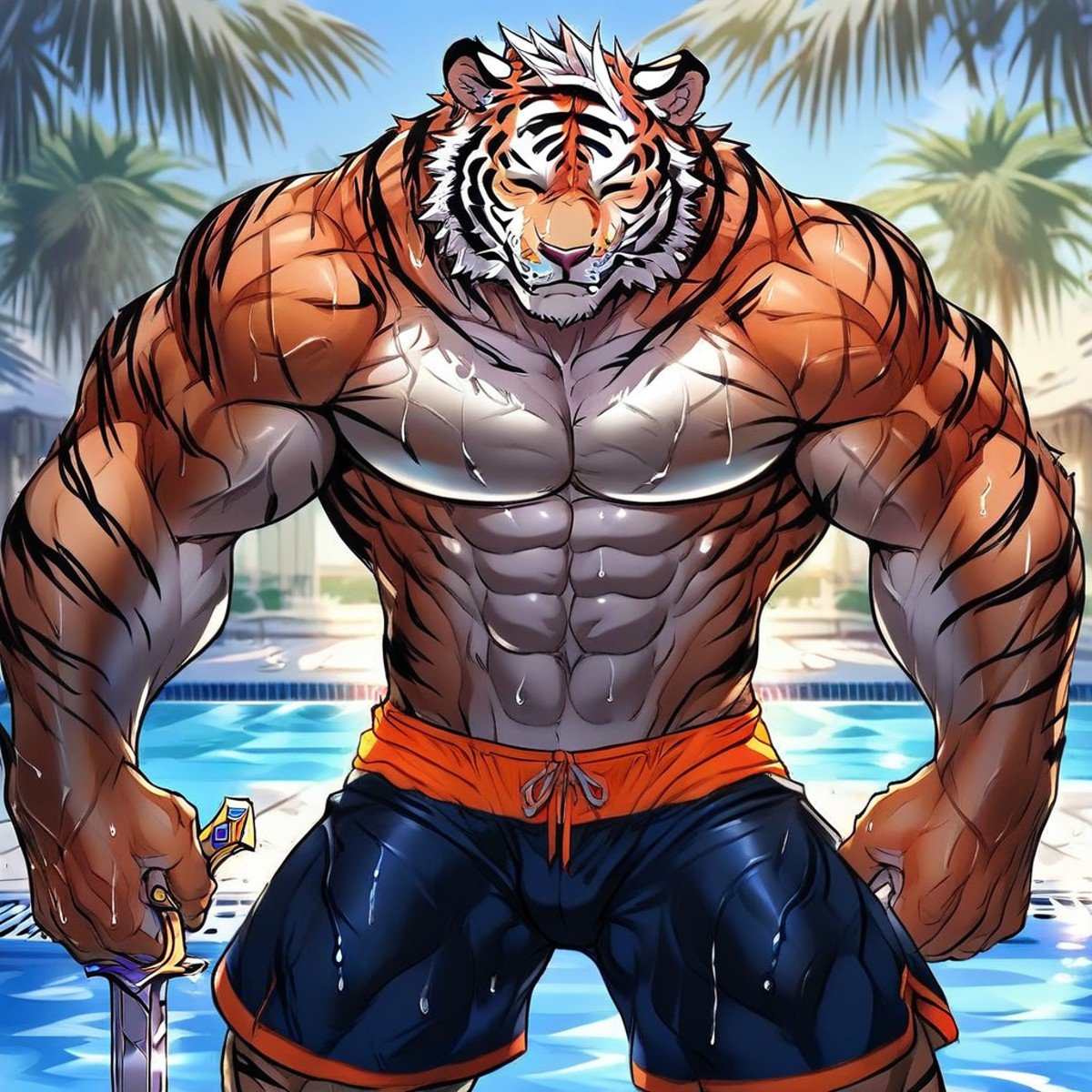 abs, male swimwear, pool, 1boy, Tiger, muscular male, sword, shorts, closed eyes, animal ears