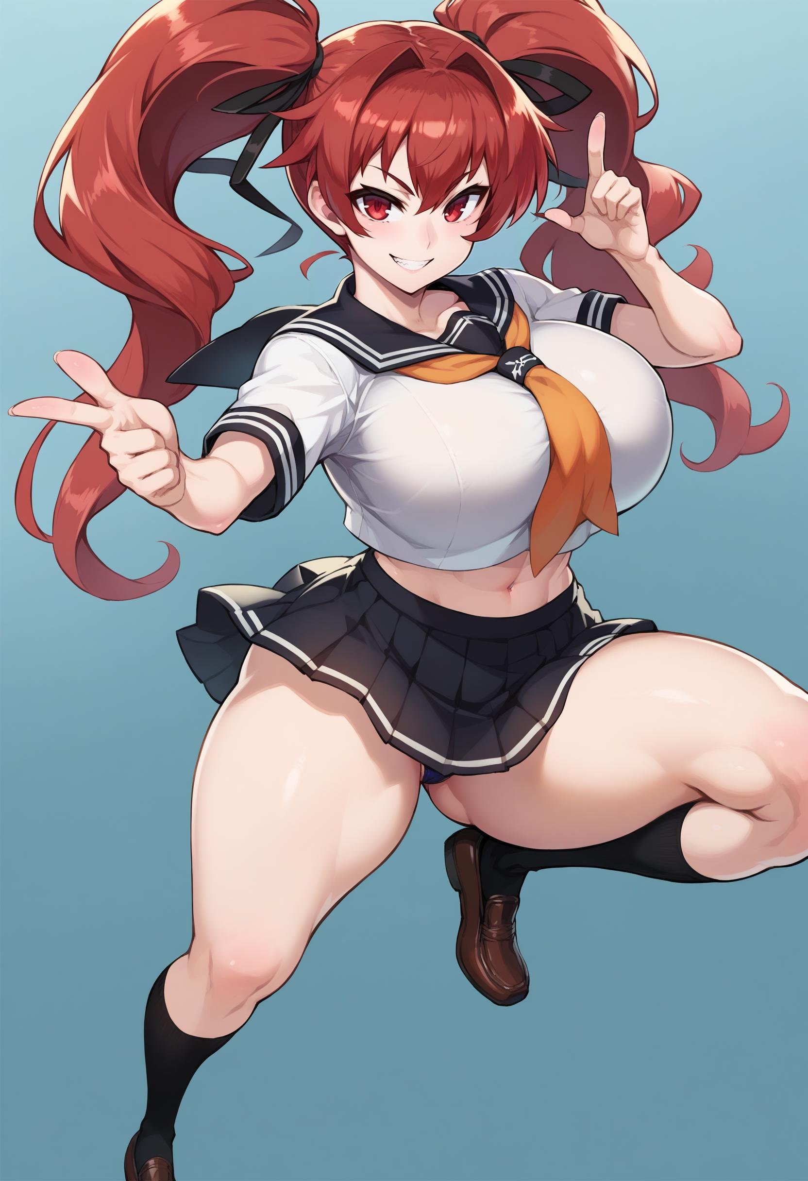 score_9, score_8_up, score_7_up, source_anime, 1girl,red eyes,smile, simple background, red hair, red eyes, huge breasts, thick thighs, wide hips, school uniform, serafuku, pointing to viewer, looking at viewer, smile, dynamic pose, long hair, twintails, black ribbon, full body<lora:Panda-Ookuma-Style-PonyXL-000048:1>