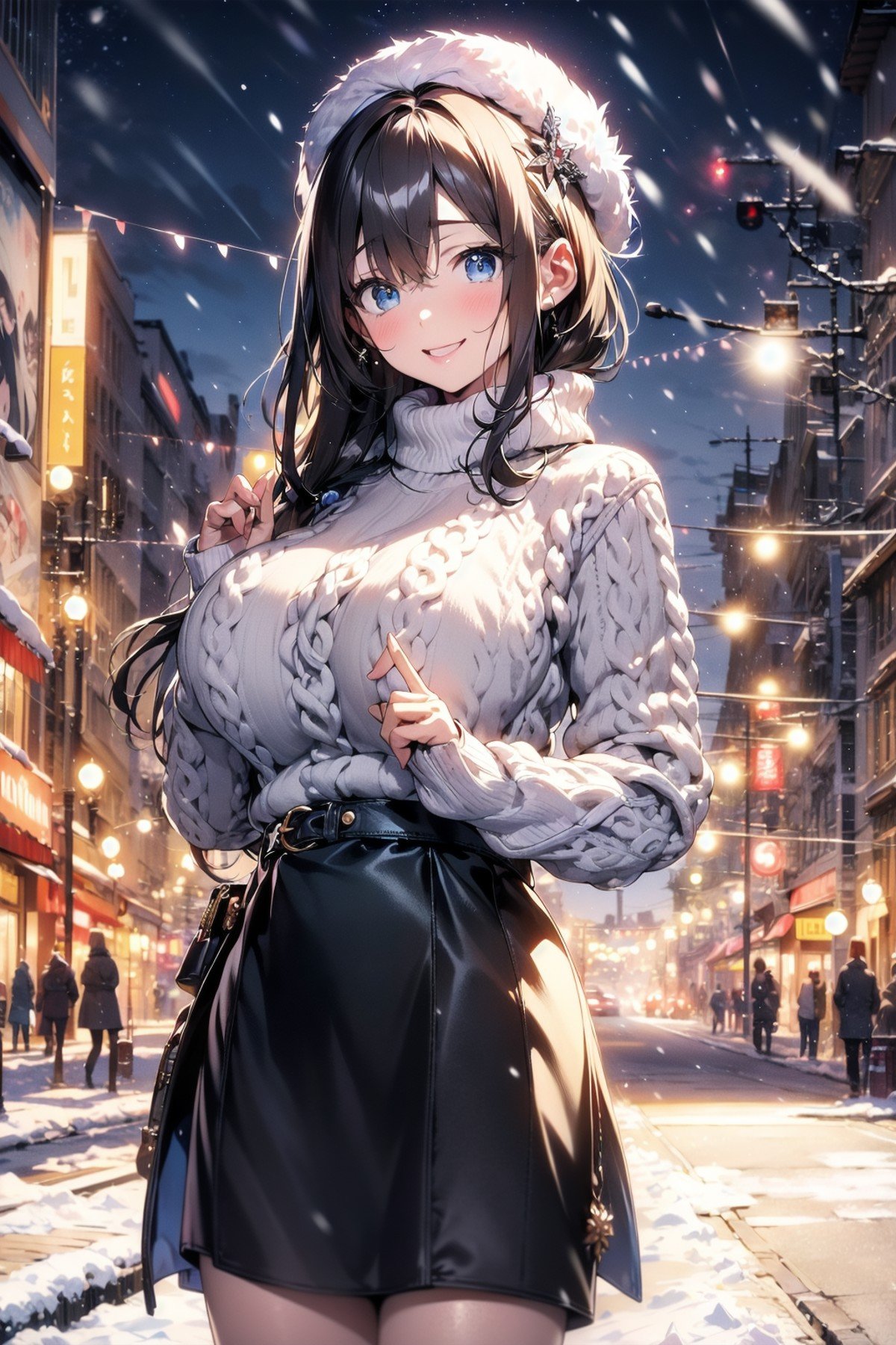 ((SFW)),masterpiece, (best quality, ultra-detailed:1.4),  (ultra high res:1.5), (sharp focus), (insanely detailed:1.3), (perfect anatomy), super fine (cel animation),cowboy shot, anime beautiful girl, solo, backlight, solo, kawaii shibuya fashion, huge breast, deep cute beret,(woolen sweater:1.4),happy smiling, woolen Scarf,long flare skirt,(winter, snowing:1.2),(fantastic illumination), night view, stary sky, joyful dating,absurdity delicate background and landscape ah1