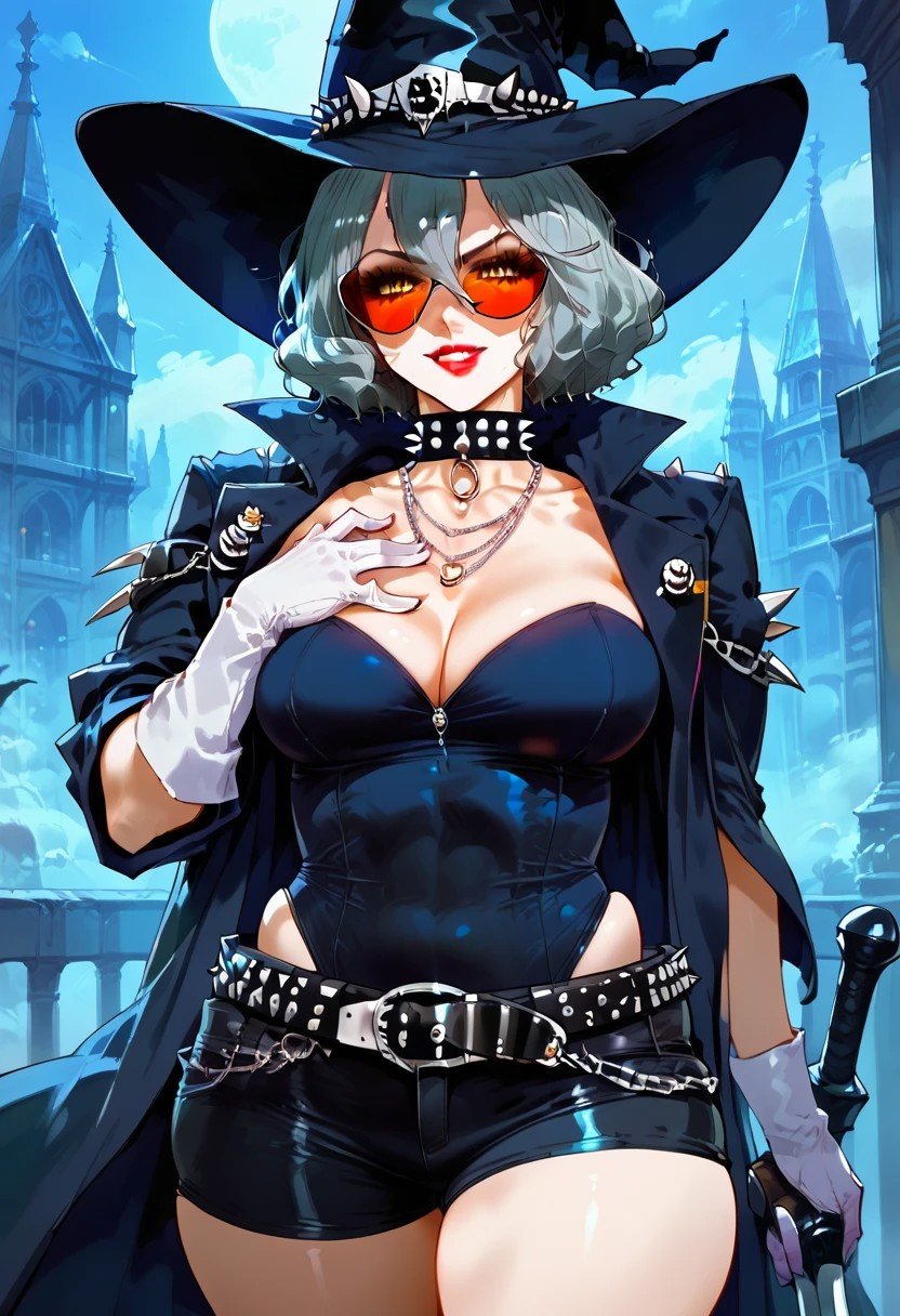 score_9,score_8_up,score_7_up,source_anime, Victoria Fent,1girl,solo,breasts,looking at viewer,smile,large breasts,gloves,hat,cleavage,hair between eyes,jewelry,collarbone,jacket,weapon,thighs,cowboy shot,parted lips,open clothes,shorts,choker,belt,white gloves,necklace,collar,leotard,coat,gradient,black headwear,covered navel,makeup,witch hat,chain,black shorts,sunglasses,lipstick,hand on own chest,spikes,open coat,red lips,tinted eyewear,spiked choker