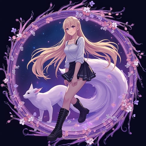 swirling trail of gold and purple behind her. She is facing the left side of the frame and smiling, a white undershirt, A young woman with long blonde hair, black boots with white laces, there are faint images of two foxes. The foxes are a light purple color and are surrounded by rings of the same color. The circular frame is surrounded by a thick border of purple and black., iridescent, both with long gray hair, flowers