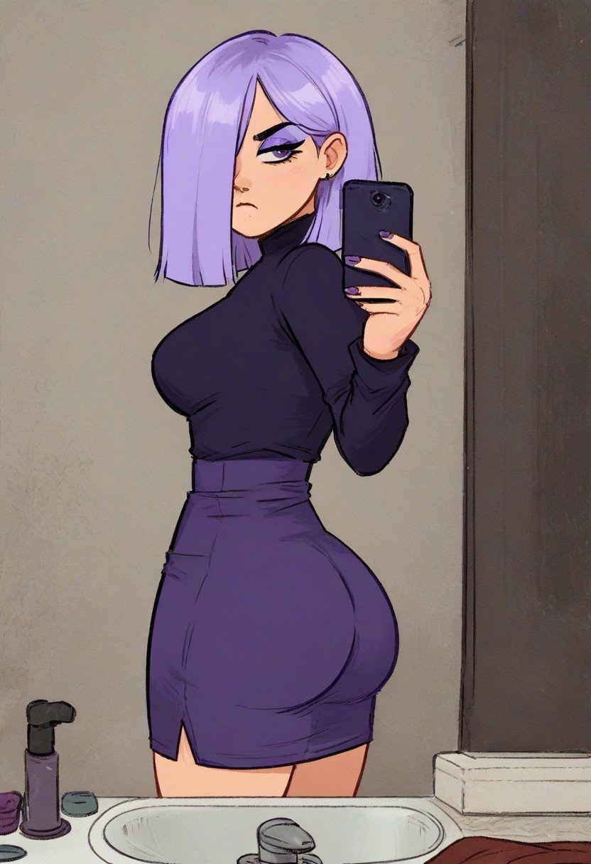 score_9, score_8_up, score_7_up,  solo, (big breasts, slim waist, tiny waist, wide hips, big ass, thick ass, bubble butt, thick thighs:1.2), BREAK, bathroom background, lily duolingo, lily, light purple hair, hair over one eye, bangs, purple fingernails, eyebags, hair over one eye, bored expression, closed mouth, looking to the side, purple dress, purple bodycon dress, bare legs, bathroom mirror, taking selfie, phone up, holding phone, posing for shot, dim lights, bathroom sink, motel bathroom, luxurious bathroom, ass, booty, posing ass, sexy pose, showing off ass, perky ass, big bubble butt,  big booty, thick ass