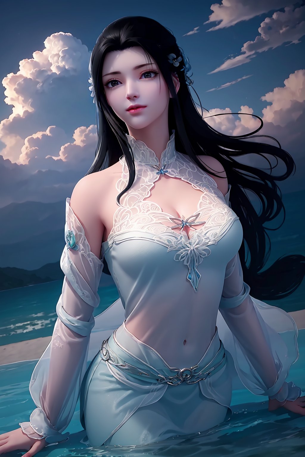 RAW photo, best quality, masterpiece:1.2), ultra-detailed, extremely detailed cg 8k wallpaper, 32K, (best quality), (beautiful breasts), ((perfect female body)), (smooth soft skin), (detailed face), concept art, gorgeous light and shadow, stunning environment, beautiful face, twinkle eyes, rosy skin, hick lips, beautiful lips, messy hair, (medium hair:1.2), (black hair), (black eyes), beautiful shoulder, (beautiful breasts), (perfect fingers), (perfect hands), (mature female), (deep view), sexy lady, (1 girl), jewelry, (white shirt:1.3), (long sleeves), (long skirts), (deep view), (mysterious art style), fantasy character,(deep view), (mysterious art style), (deep view), (mysterious art style), goddess of love, (deep view: 1.3), (focusing on her), (1 shot:1.3), (lake:1.3), (soaking in water:1.4), (part body:1.3), (wonderful beach:1.3), (white cloud, nice sky:1.3), ,portrait<lora:EMS-280371-EMS:0.200000>, <lora:EMS-298674-EMS:0.600000>, <lora:EMS-58431-EMS:0.300000>