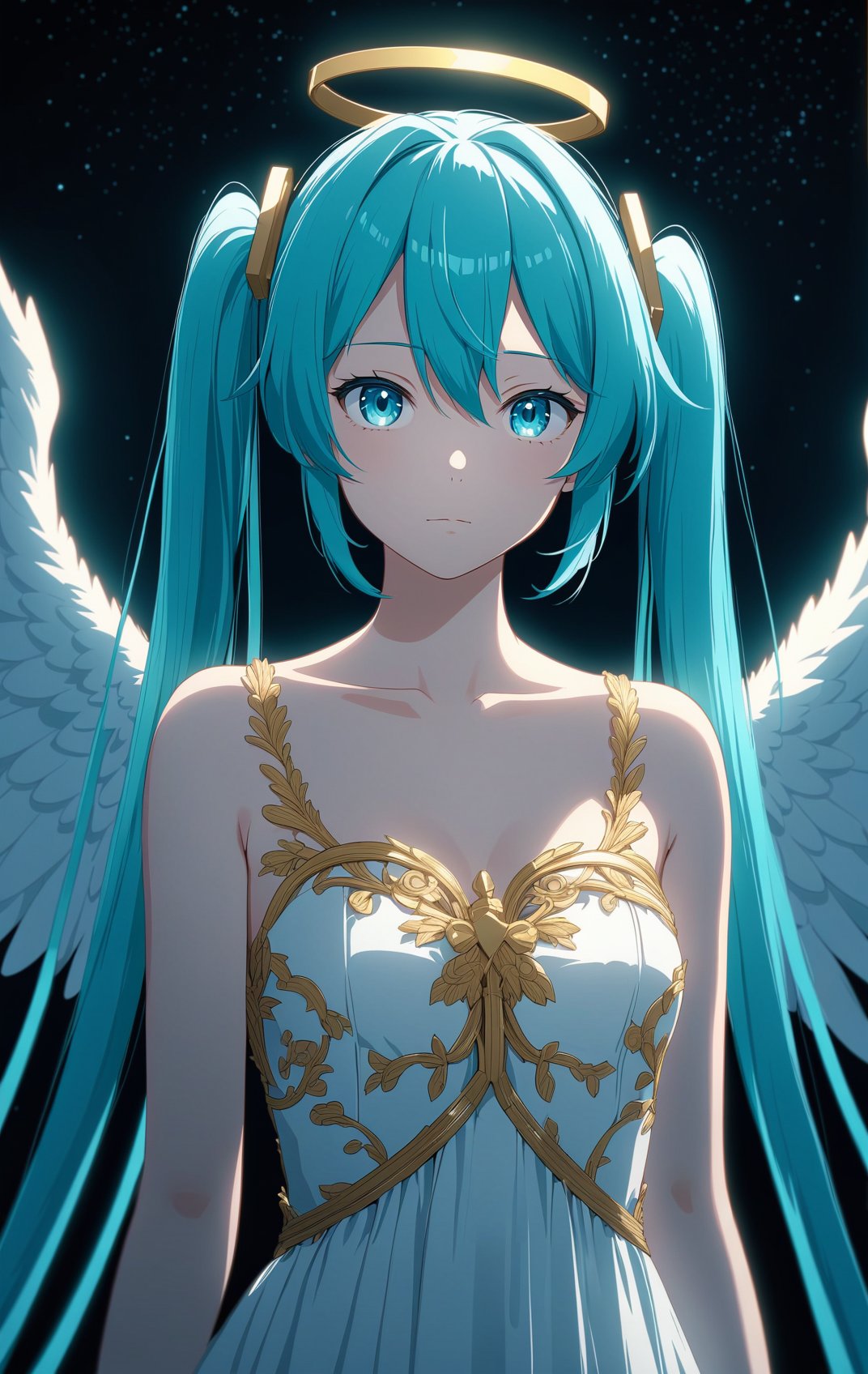 masterpiece, best quality, hatsune miku, white gown, angel, angel wings, golden halo, dark background, upper body, closed mouth, looking at viewer, arms behind back, blue theme, night, highres, 4k, 8k, intricate detail, cinematic lighting, amazing quality, amazing shading, soft lighting, Detailed Illustration, anime style, wallpaper