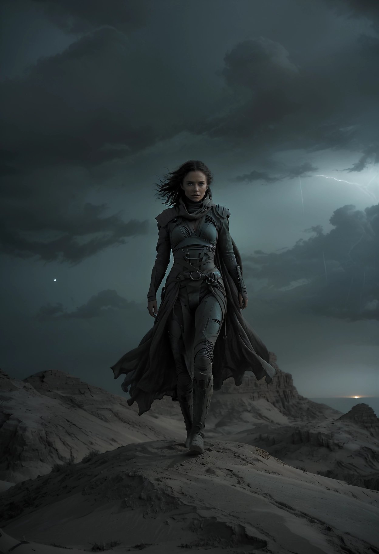 sci-fi style ethereal fantasy concept art of  by Enki Bilal, photograph, knee level shot of a dune, movie, director denis villeneuve, cinematic, science fiction, futuristic, sci-fi epic, bene gesserit, dark at night, storm, Ambient lighting, Canon eos 5d mark 4, 800mm lens, High Contrast, movie still, A scene from Denis Villeneuve's epic science fiction film set in a distant dune. The Bene Gesserit are captured in this cinematic shot taken at knee level during a stormy night. The atmosphere is filled with ambient lighting that highlights the stark contrast between the dark sky and the rugged terrain. Shot with a Canon EOS 5D Mark 4 and an 800mm lens, the image captures the intensity and grandeur of the movie's universe.  . magnificent, celestial, ethereal, painterly, epic, majestic, magical, fantasy art, cover art, dreamy . futuristic, technological, alien worlds, space themes, advanced civilizations